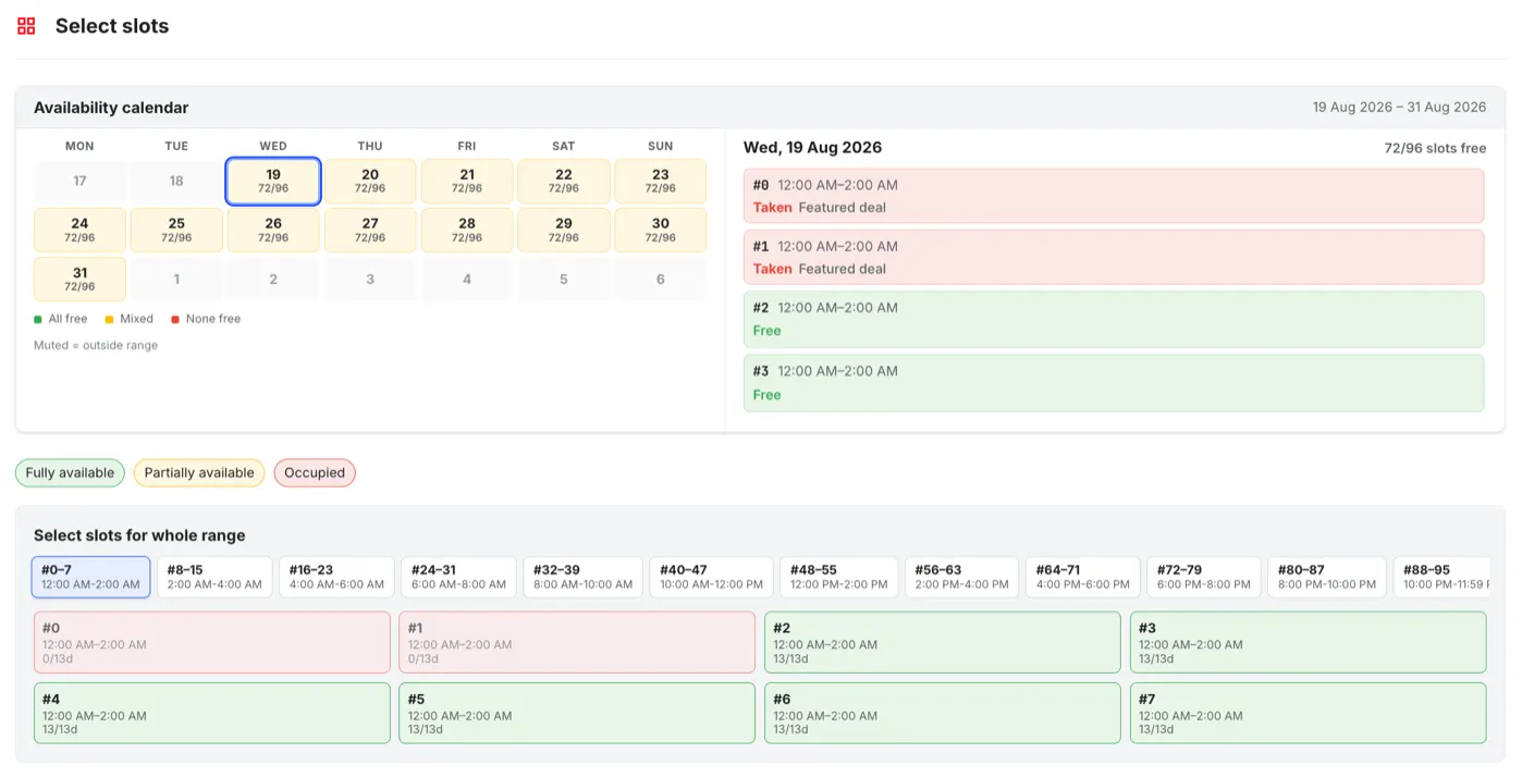 NJoyBoost interface for selecting available featured placement slots